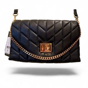 Karl Lagerfeld Paris Quilted Black Leather Crossbody Bag Gold Chain – NWT